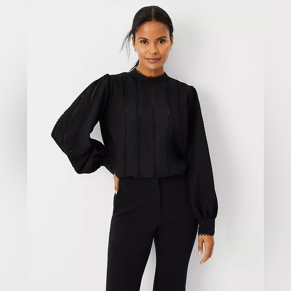 Ann Taylor Tall Eyelet Pintucked Blouse Black Size Small Tall - Picture 2 of 13
